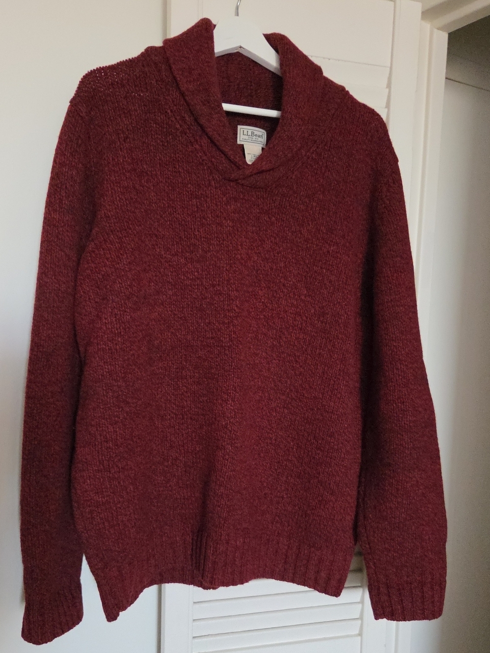 Vtg L.L. Bean Burgundy Shawl Collar 100% Lambswool Chunky Knit Sweater Size L